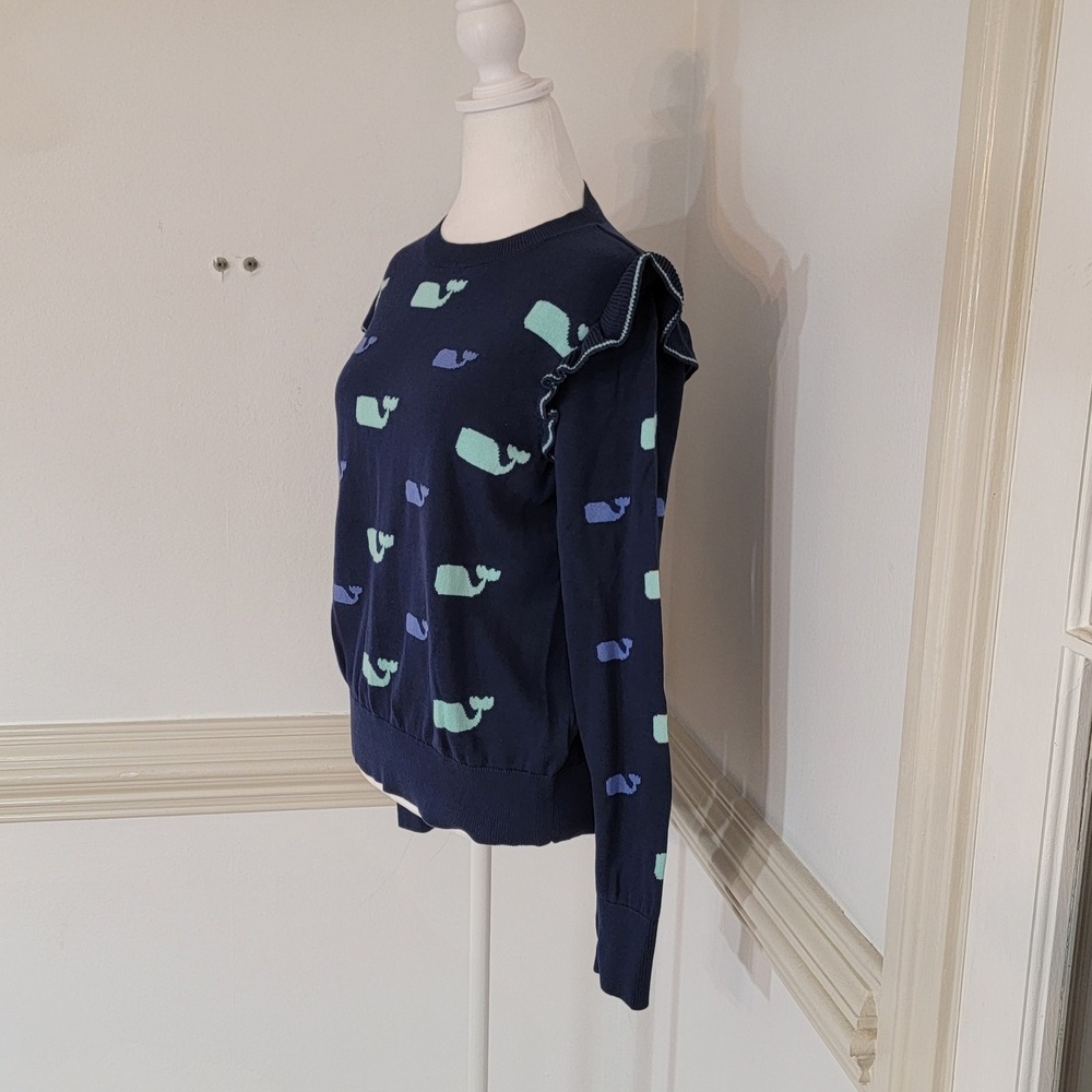 Vineyard Vines Sweater Whale Print Ruffle Shoulder Navy Preppy Women's Medium - Picture 3 of 9